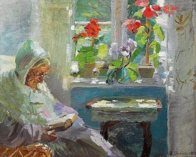 Artwork Title: Ane Brøndum, the Artist's Mother, Reading in her Sitting Room