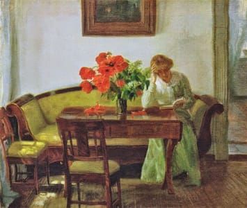 Artwork Title: Interiør med røde valmuer (Interior with poppies and reading woman)