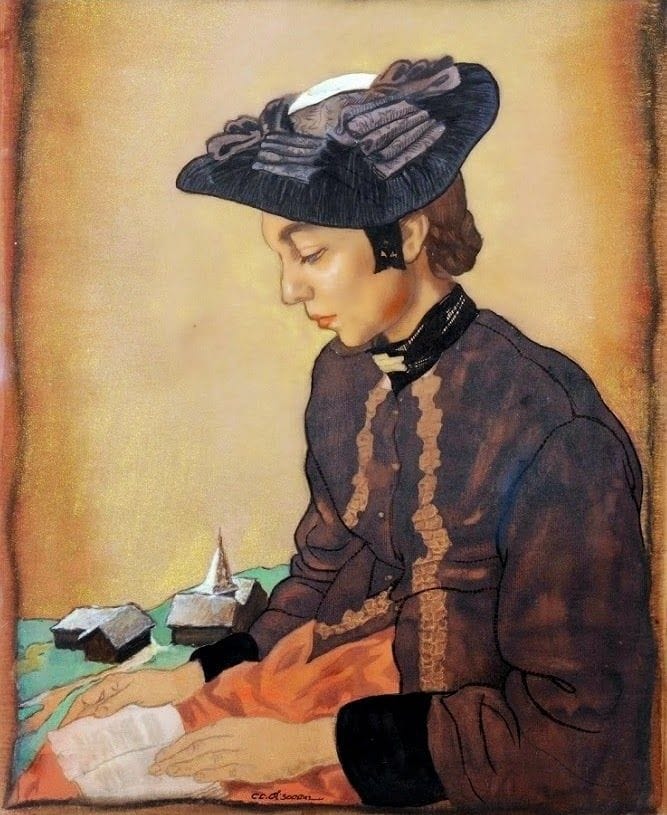 Artwork Title: Lesende Frau mit Landschaft im Hintergrund