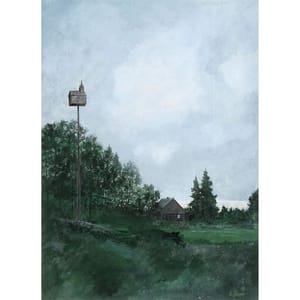 Artwork Title: Cabin with Birdhouse By a Lake