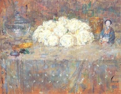 Artwork Title: Still Life with White flowers and a Japanese doll