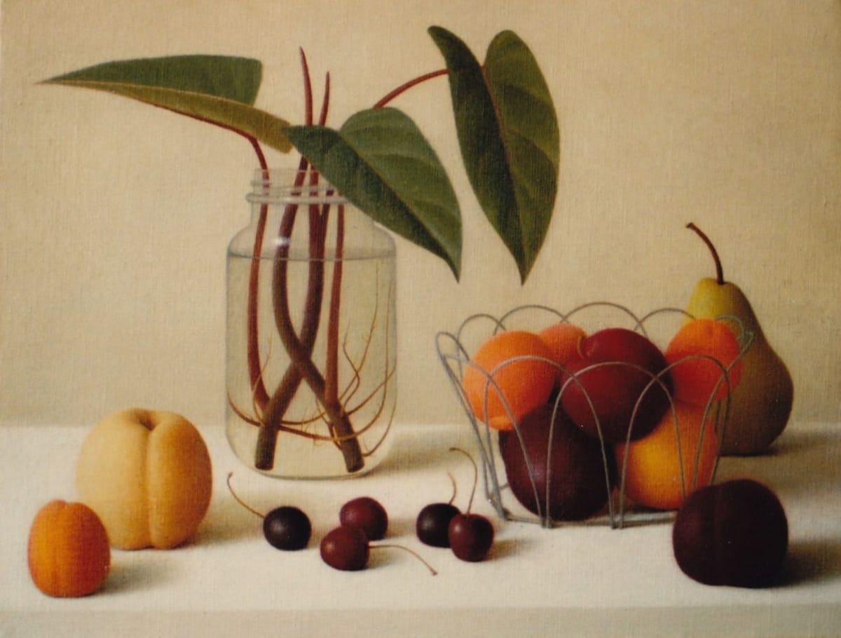 Artwork Title: Still life painting with fruit and philodendron cuttings