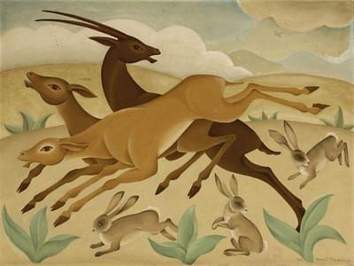 Artwork Title: Stylized Desert Landscape with Springbok and Rabbits