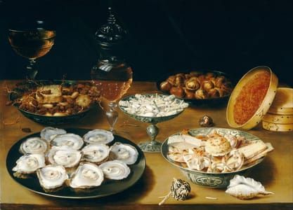 Artwork Title: Dishes with Oysters, Fruit and Wine
