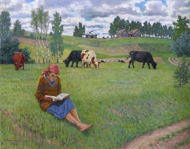 Artwork Title: Богданов-Бельский: Девочка, читающая на лугу Частная коллекция (Girl Reading in a Meadow) 1939