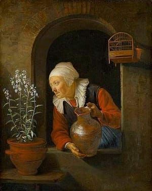 Artwork Title: Old Woman at the Window Watering Flowers