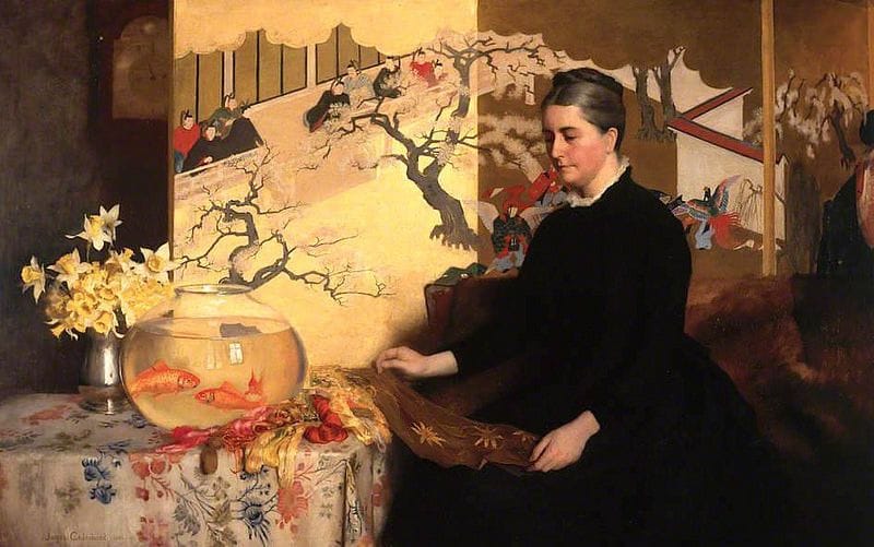 Artwork Title: Lady With Japanese Screen and Goldfish