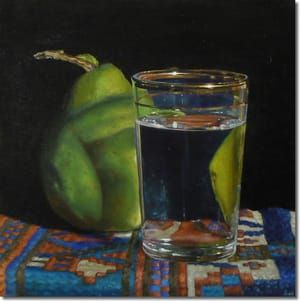Artwork Title: Pear, Waterglass and Oriental Rug