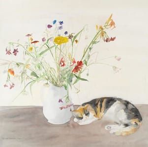 Artwork Title: Cat and Flowers