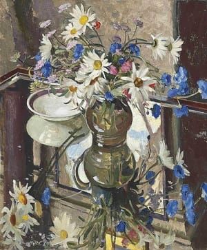 Artwork Title: Still Life of Daisies and Cornflowers in a Glass Jug
