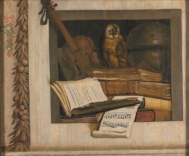 Artwork Title: Vanitas Still Life with Books, a Violin and an Owl in a Niche