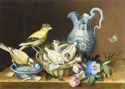 Artwork Title: Still-life of Two Canaries, a Nest of Chicks, a Butterfly, Flowers and a Jug