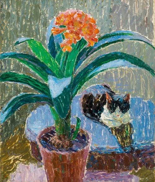 Artwork Title: (Austrian), Stillleben mit Blume und Katze (Still life with flower and cat), 1920