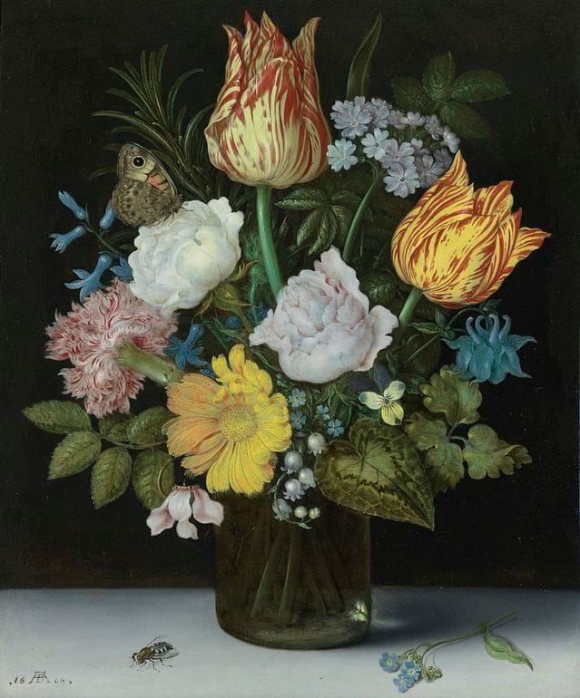 Artwork Title: Still Life Of Variegated Tulips, Roses, A Hyacinth, A Primrose, A Violet, Forget-Me-Nots, A Columbin