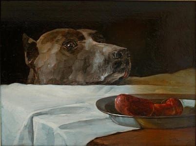Artwork Title: Dog with Plate of Sausages, also known as Caesar at the Rubicon