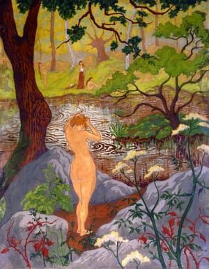 Artwork Title: Nude Fixing Her Hair by a Pond