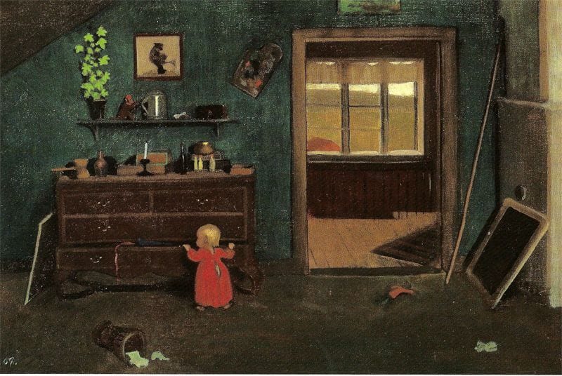 Artwork Title: Interior, Little girl by Chest of Drawers