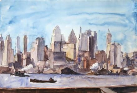 Artwork Title: NY Skyline with Tug and Canoe in Foreground