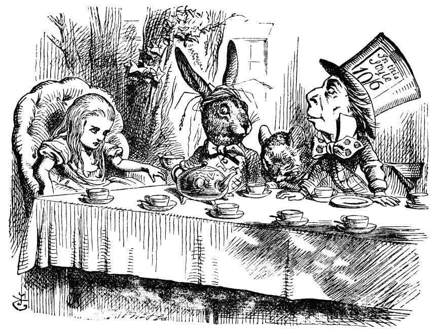 Artwork Title: Alice with the Mad Hatter and March Hare at the tea party table