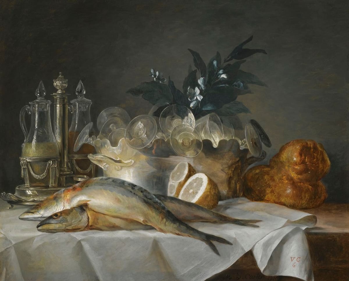 Artwork Title: A still life of mackerel, glassware, a loaf of bread and lemons on a table with a white cloth