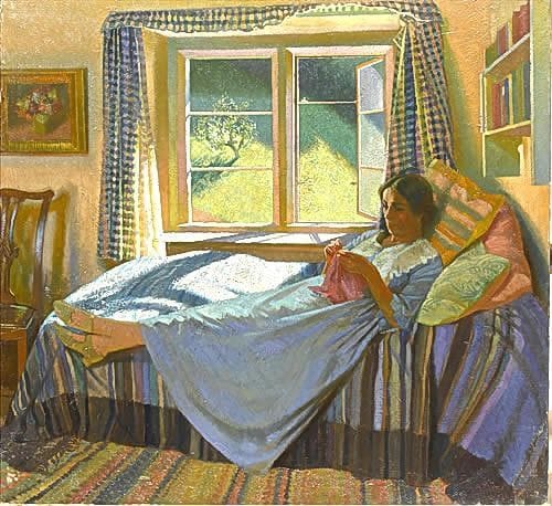 Artwork Title: The Artist’s Wife, Evelyn, Knitting on a Daybed