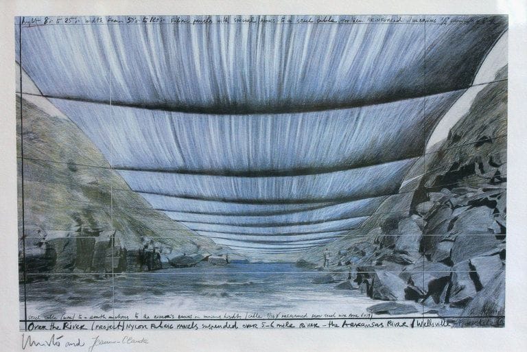 Artwork Title: A sketch of Christo’s proposed artwork “Over the River,” depicting a view from the Arkansas River