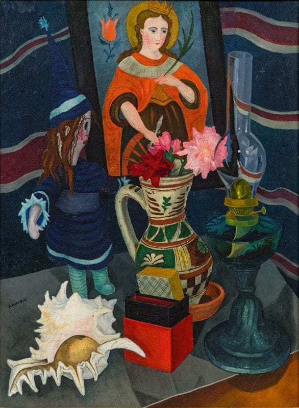 Artwork Title: Still life with Lamp, Shell, Doll and Black Glass