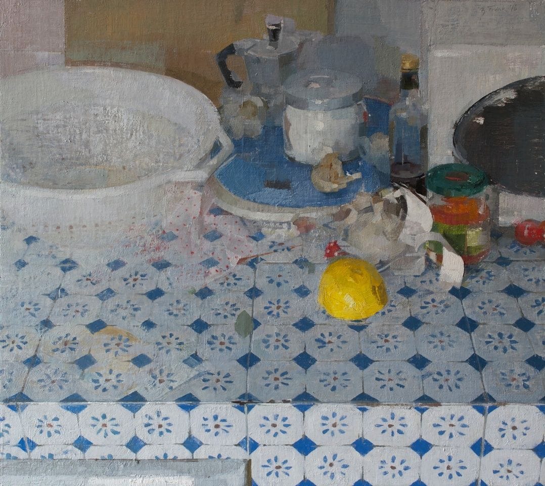Artwork Title: Lemon On Blue Tiles Oil on linen on panel