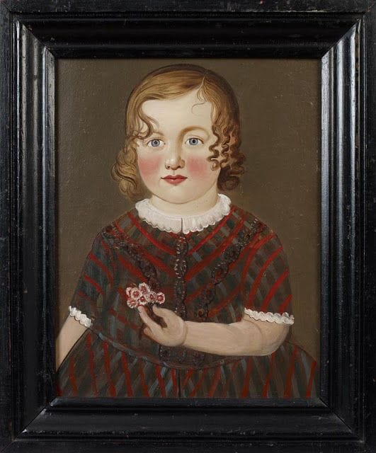 Artwork Title: Portrait of a Young Girl in a Plaid Dress Holding a Bouquet of Flowers