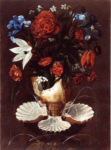Antonio Ponce - Peonías, claveles, lirios azules y otras flores en una  fuente de conchas, 1640