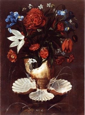 Artwork Title: Peonías, claveles, lirios azules y otras flores en una fuente de conchas