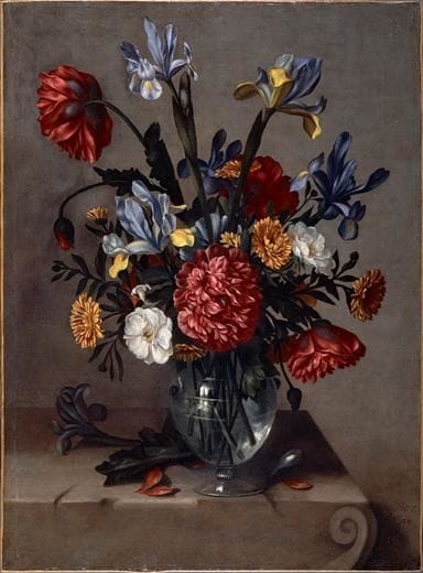 Artwork Title: Florero de cristal con lirios azules, peonías, rosas blancas y caléndulas