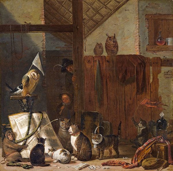 Artwork Title: A Concert of of Cats, Owls, a Magpie, and a Monkey in a Barn