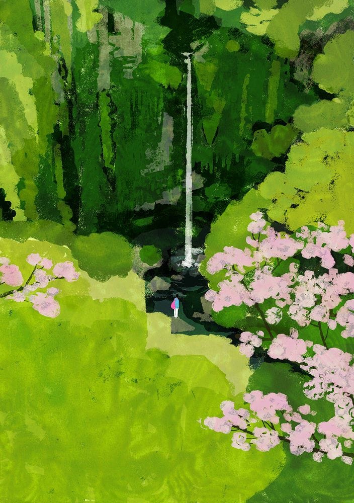 Artwork Title: The Urami Fall and Cherry Blossoms