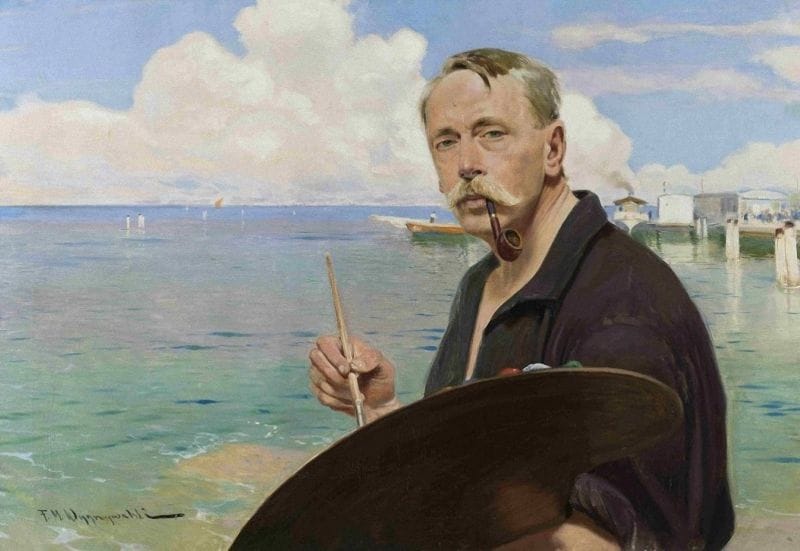 Artwork Title: Self Portrait with a Palette by the Sea and a Port