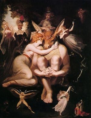 Artwork Title: Titania erwacht, von aufwartenden Fairies umgeben und in Verzückung an den eselsköpfigen Bottom gesc