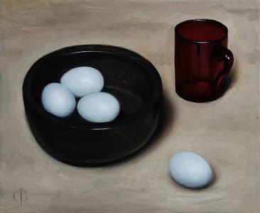 Artwork Title: Eggs, Ebony Bowl & Ruby Glass Cup