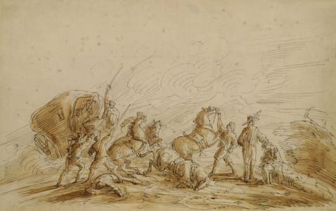Artwork Title: Bandits attacking a carriage; sepia wash and ink, 24.8x39.2cm