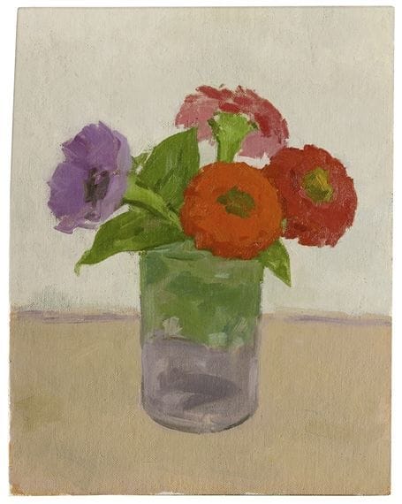Artwork Title: A Purple Anemone With Zinnias In A Glass Jar