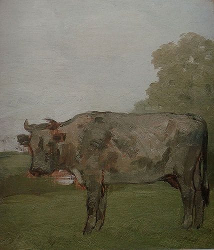 Artwork Title: Gray Cow with Landscape and Pond