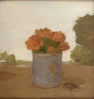 Artwork Title: Carnations in a Blue Can with a Beetle in a Landscape
