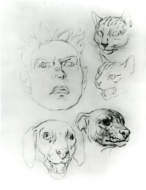 Artwork Title: Self-Portrait with Heads of Two Cats and Two Dogs