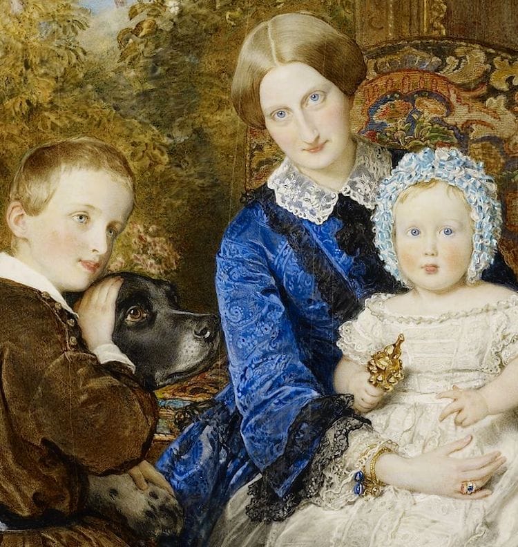 Artwork Title: Miniature of the Duchesse d'Aumale  with the Prince de Condé and with the Duc de Guise on her lap