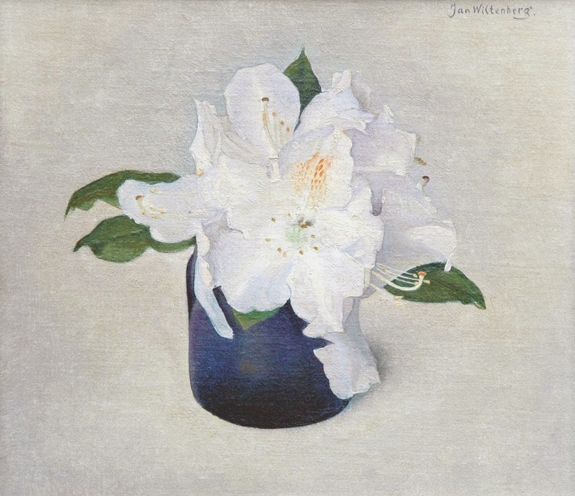 Artwork Title: Stilleven met rododendrons in een blauwe vaas (A Still Life with White Rhododendrons in a Small Blue