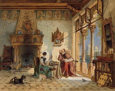 Artwork Title: A Priest and a Woman Spinning Yarn in a Venetian Interior