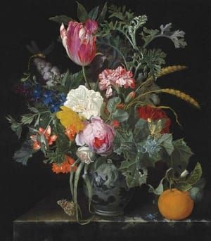 Artwork Title: Flower Arrangement in a Vase with Figures on it and an Orange