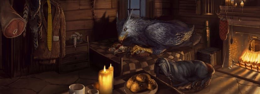 Artwork Title: Buckbeak in Hagrid's Hut with Fang