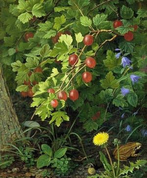 Artwork Title: Forest with Gooseberries, Dandelion, Blue Bells, Snail and Frog