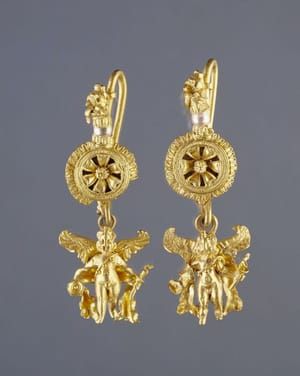 Artwork Title: Gold and pearl earrings with dangling Eros charms, 220-100 BC