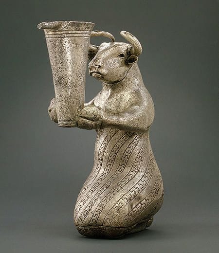 Artwork Title: Kneeling Bull Holding Spouted Vessel. Proto-Elamite; Susa, Iran; 3100-2850 BCE